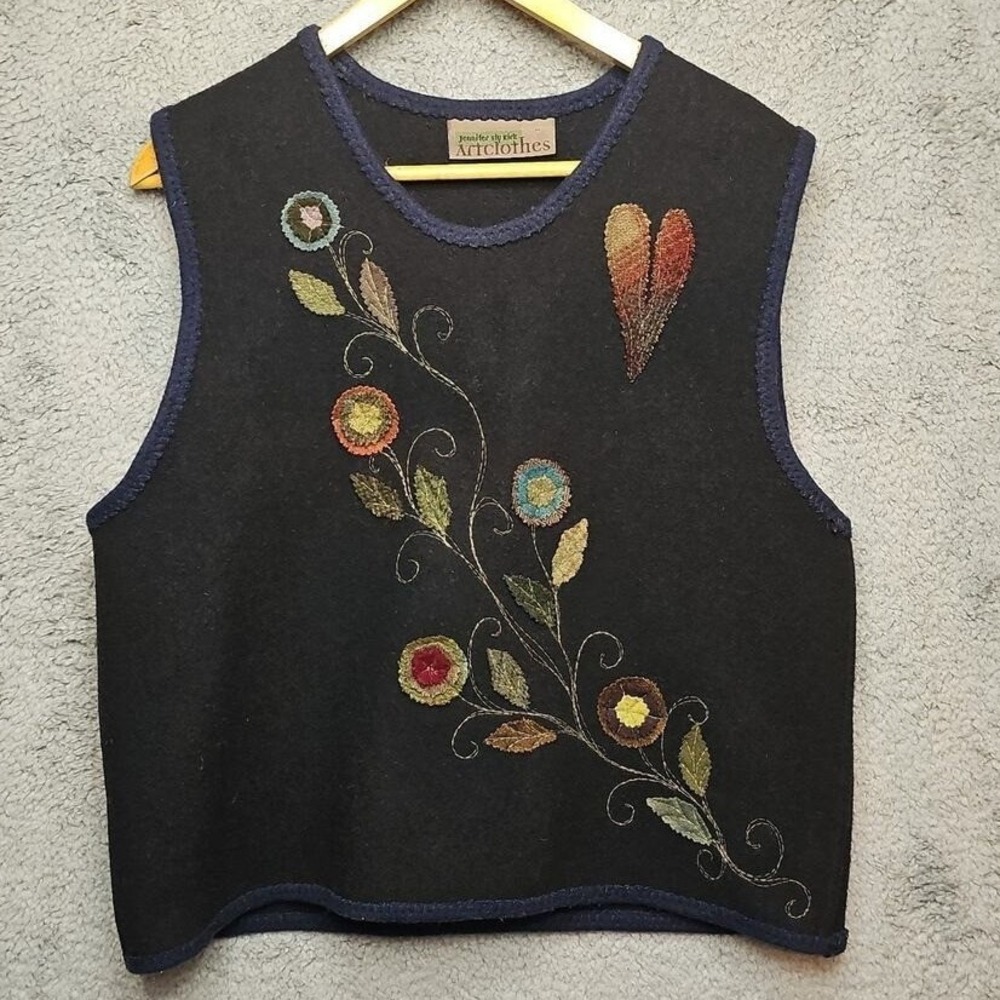Artclothes Jennifer Sly Kirk Wool Vest Women's S M Black Floral Heart Embroidery
